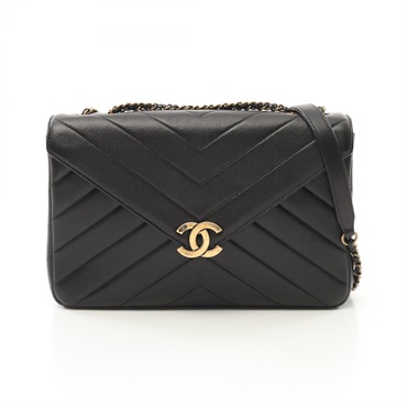 CHANEL Chevron V Stitch Chain Shoulder Bag Lambskin sheep leather Black Used GHW