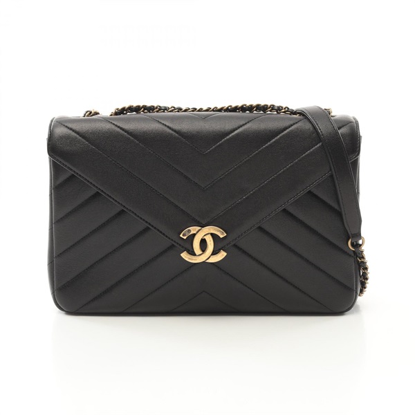 CHANEL Chevron V Stitch Chain Shoulder Bag Lambskin sheep leather Black Used GHW