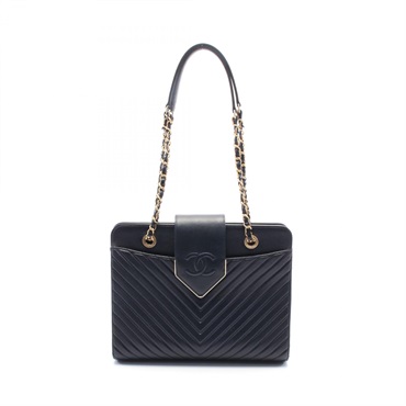 CHANEL Chevron V Stitch Chain Tote Shoulder Bag A93418 leather Navy Used GHW CC