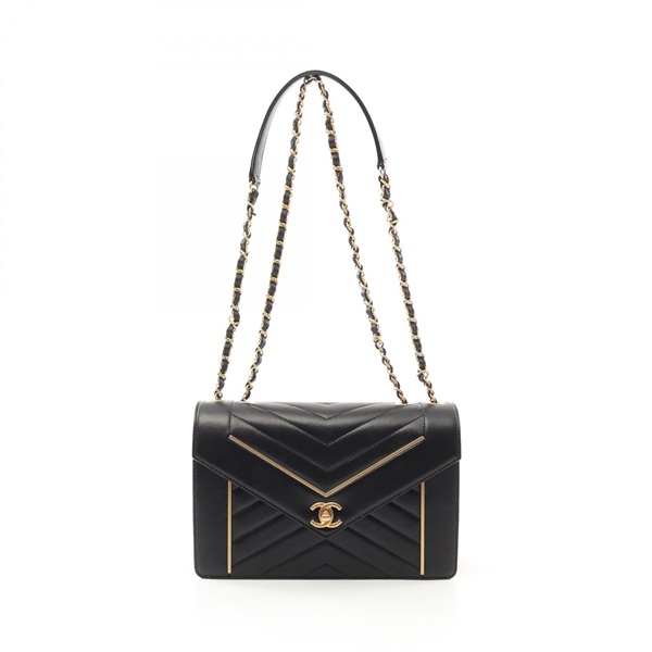 CHANEL Chevron V Stitch chain Shoulder Bag A91897 Lamb leather Black Used GHW CC