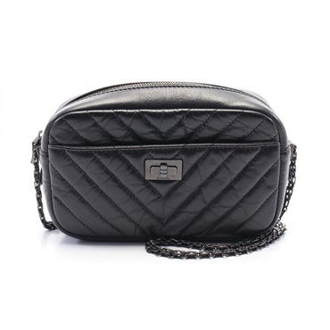 CHANEL 2.55 Chevron V-Stitch Shoulder Bag A91768 leather Black Used crossbody CC