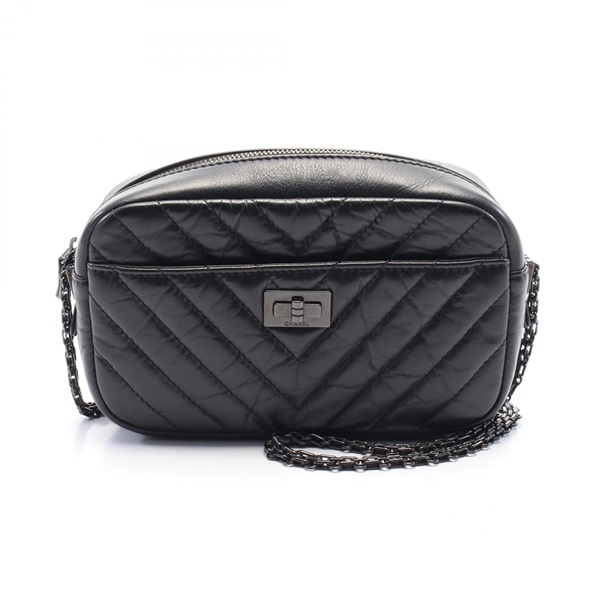 CHANEL 2.55 Chevron V-Stitch Shoulder Bag A91768 leather Black Used crossbody CC