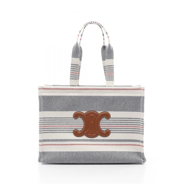 CELINE LARGE CABAS Triomphe Tote Bag canvas leather White Navy Red NEW women
