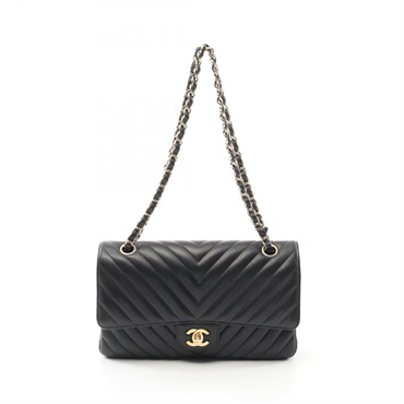 CHANEL Chevron V-stitch W-flap Shoulder Bag A01166 Lamb leather Black Used GHW