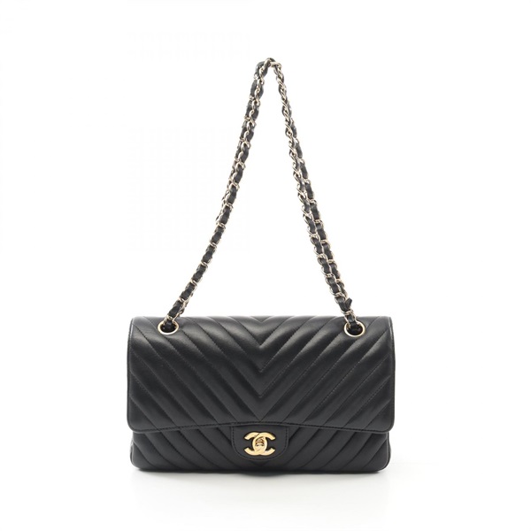CHANEL Chevron V-stitch W-flap Shoulder Bag A01166 Lamb leather Black Used GHW