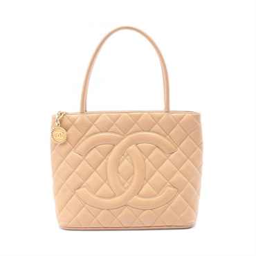 CHANEL Medallion tote shoulder Bag A01804 leather Beige Used GHW