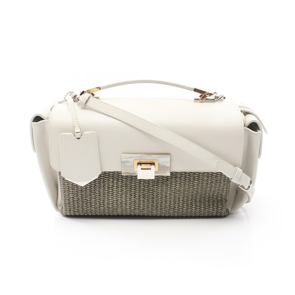 BALENCIAGA 2way shoulder Handbag 408990 leather Raffia White Khaki Used Women