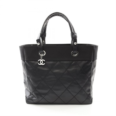 CHANEL Paris Biarritz MM Tote hand Bag A34209 canvas leather Black Used SHW