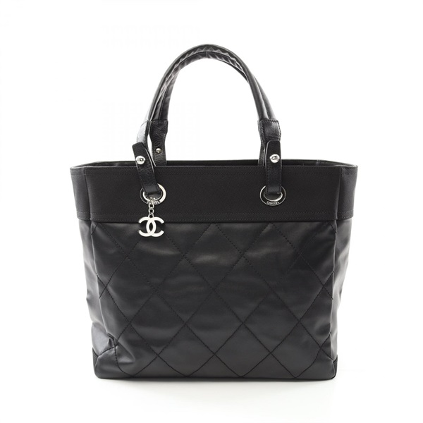 CHANEL Paris Biarritz MM Tote hand Bag A34209 canvas leather Black Used SHW
