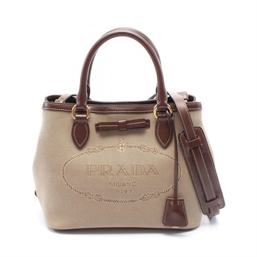 PRADA LOGO JACQUARD 2way Tote Handbag 1BA172 canvas leather Khaki Brown Used