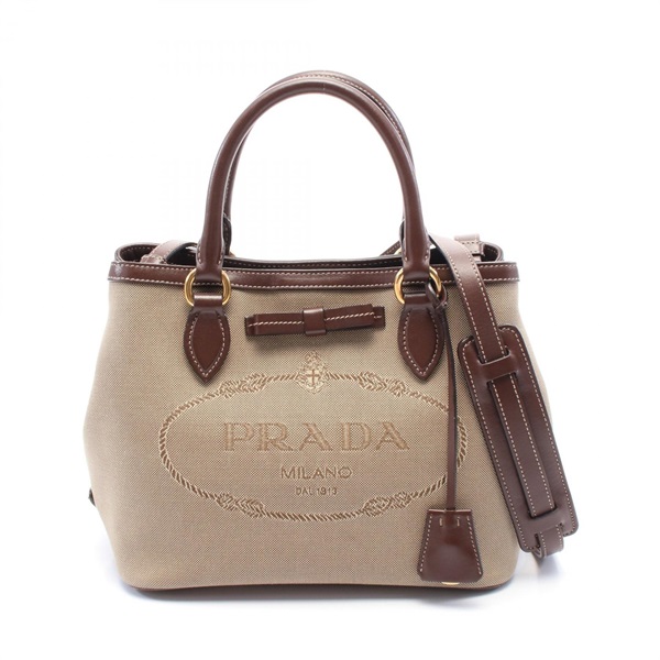 PRADA LOGO JACQUARD 2way Tote Handbag 1BA172 canvas leather Khaki Brown Used