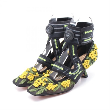 Dior Christian × Roger Vivier 62-22 Mimosa Pumps Fabric Cotton Black Yellow #37