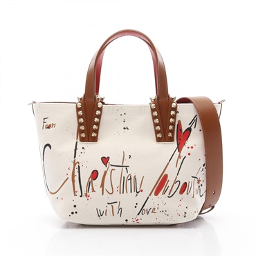 Christian Louboutin CABATA Graffiti 2way Tote Bag canvas leather Beige Brown NEW