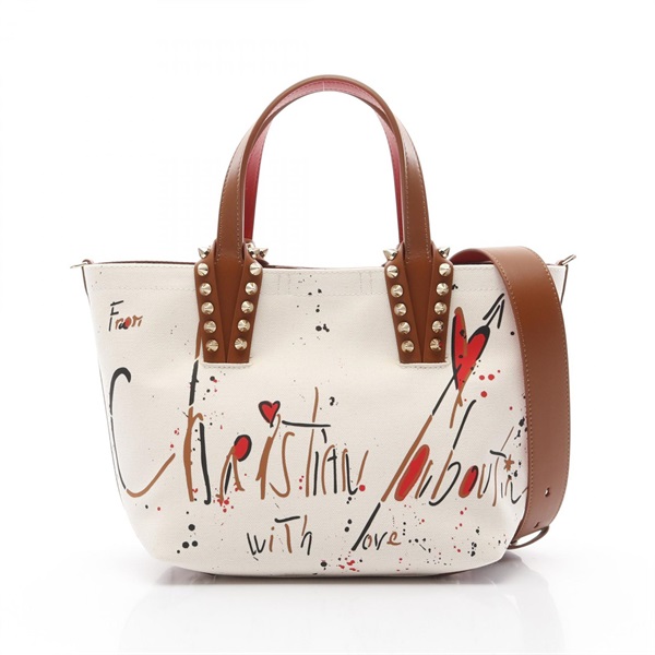 Christian Louboutin CABATA Graffiti 2way Tote Bag canvas leather Beige Brown NEW