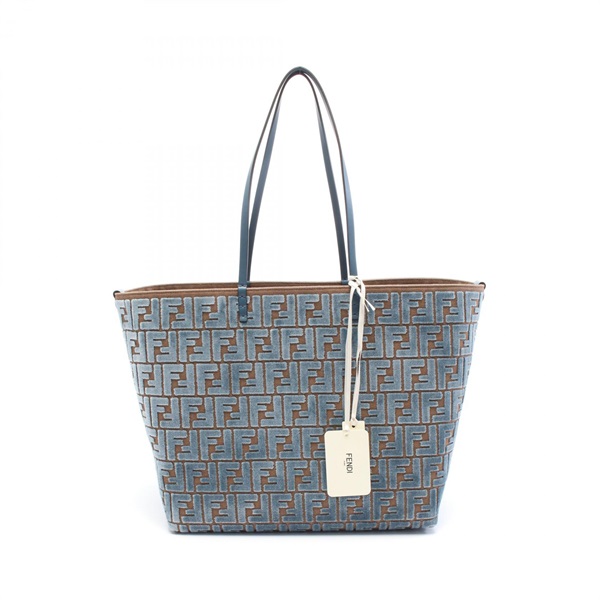 FENDI LARGE ROLL Tote Bag 8BH425AT14F1NQ0 leather Jacquard Velvet Blue Brown NEW
