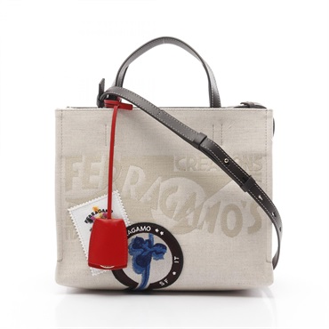 Salvatore Ferragamo 2way shoulder Tote Bag canvas leather Beige Brown NEW Women