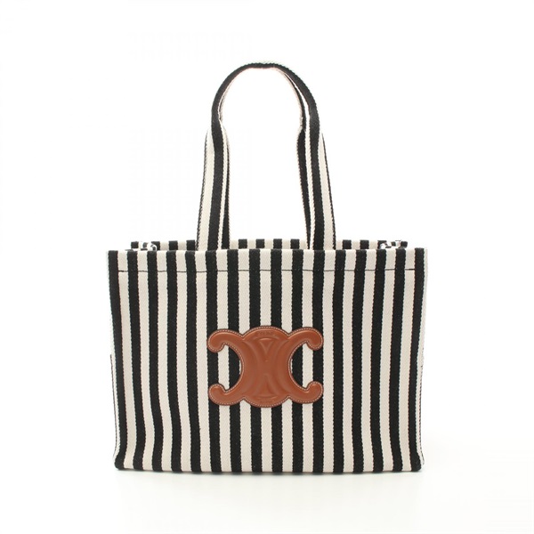 CELINE Large Cabas Thais Tote Hand Bag canvas leather Black White NEW Women