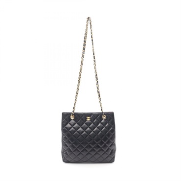 CHANEL Matelasse Chain shoulder Tote Bag Lamb sheep leather Black Used Women GHW