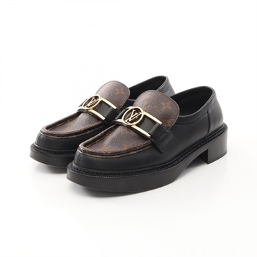 LOUIS VUITTON Academy Monogram loafers 1A7TXJ leather canvas Black Used women 38