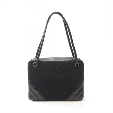 CHANEL Chevron V Stitch Shoulder Bag Lambskin Cotton jersey Black Used GHW