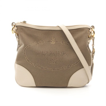 PRADA LOGO JACQUARD crossbody Shoulder Bag BT0867 canvas leather Beige Used