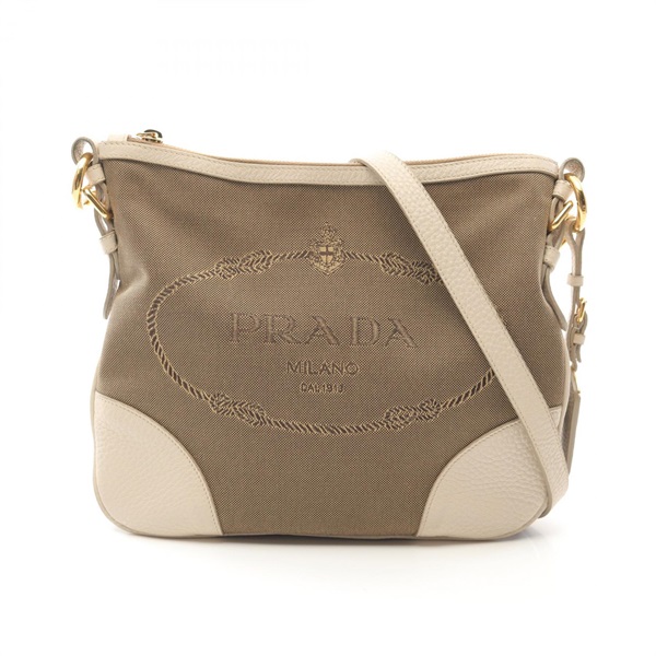 PRADA LOGO JACQUARD crossbody Shoulder Bag BT0867 canvas leather Beige Used