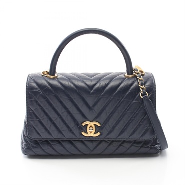 CHANEL Coco Top Handle 29 Flap Chevron V Stitch Hand crossbody bag A92991 navy