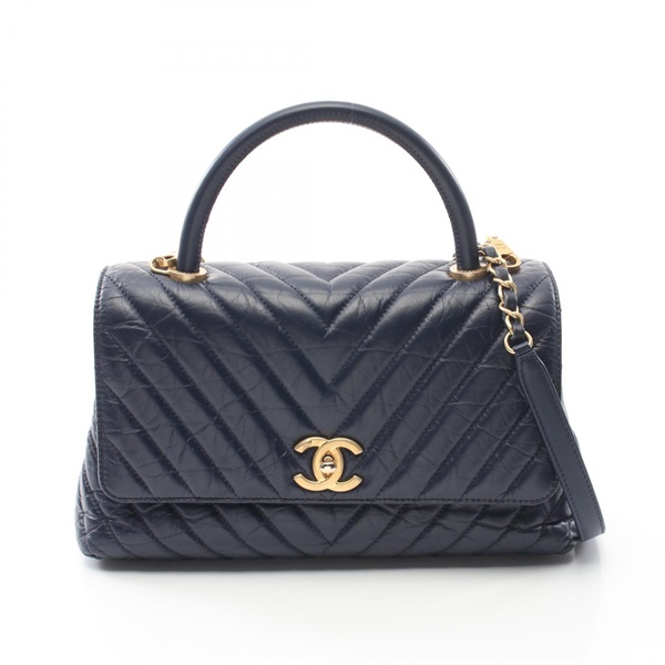 CHANEL Coco Top Handle 29 Flap Chevron V Stitch Hand crossbody bag A92991 navy