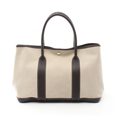 HERMES Garden party PM Tote Bag Toile H leather Beige Brown Marron Used Women I