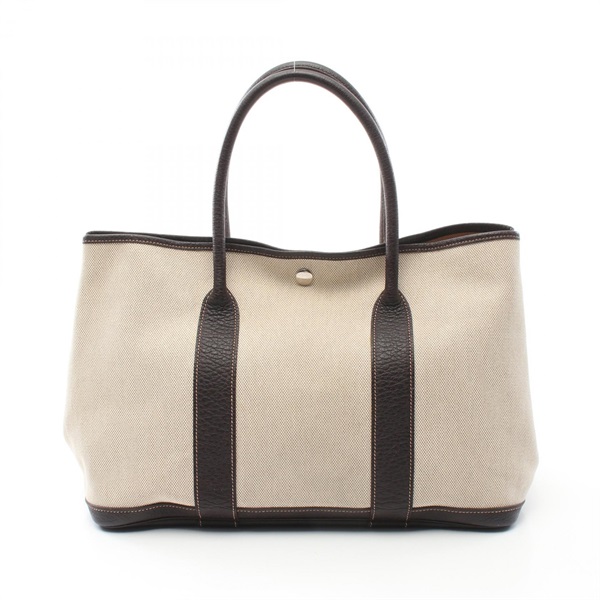 HERMES Garden party PM Tote Bag Toile H leather Beige Brown Marron Used Women I