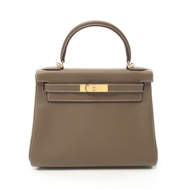 HERMES Kelly 28 2way shoulder Hand bag W Taurillon Clemence Etoupe Grey Used GHW