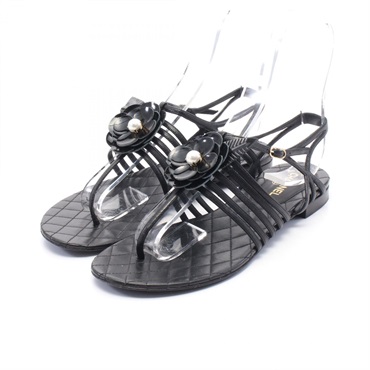 CHANEL Camelia Sandals Shoes flat G32058 leather Black Used Women size 37C