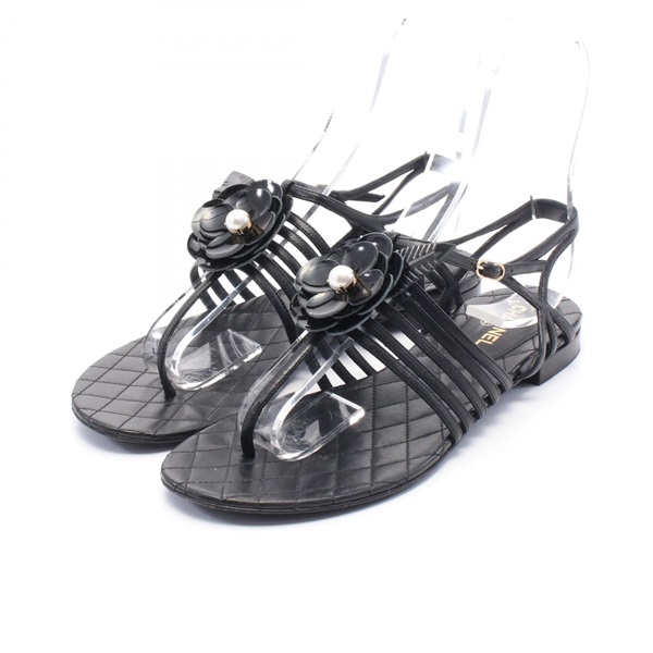 CHANEL Camelia Sandals Shoes flat G32058 leather Black Used Women size 37C