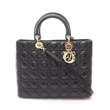 Christian Dior Lady Dior Large Cannage Shoulder Tote Handbag Lambskin Black Used
