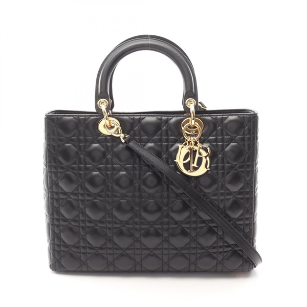 Christian Dior Lady Dior Large Cannage Shoulder Tote Handbag Lambskin Black Used