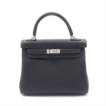 HERMES Kelly 25 Hand shoulder bag W inside stitched Togo leather Blue nuit SHW