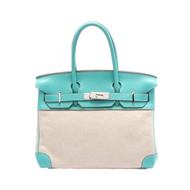 HERMES Birkin 30 Hand bag L Toile officier Swift leather Lagon Ecru Used SHW