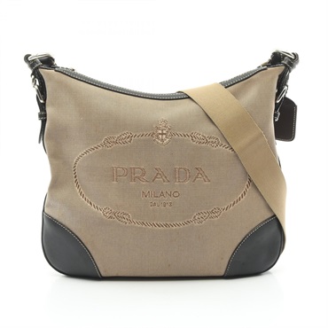 PRADA LOGO JACQUARD Shoulder Bag canvas Beige Black Used