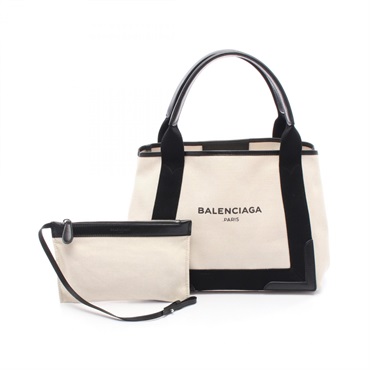 BALENCIAGA NAVY CABAS S Tote Bag 339933 canvas leather White Black Used Women