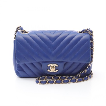 CHANEL Chevron V Stitch Chain Shoulder Bag Lambskin sheep leather Blue Used GHW