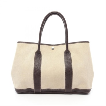 HERMES Garden party PM Tote Bag Toile H leather Beige Marron Used SHW