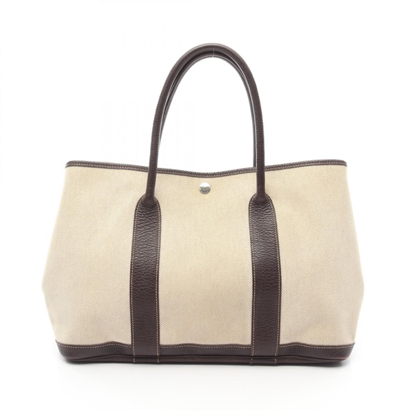 HERMES Garden party PM Tote Bag Toile H leather Beige Marron Used SHW