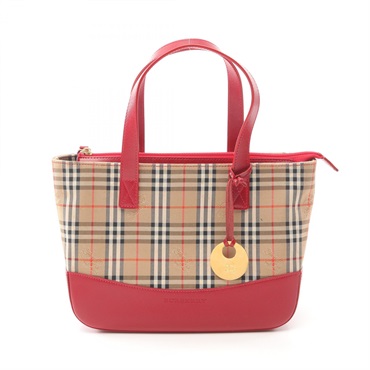 BURBERRY Hay market check Tote Handbag canvas leather Beige Red Used Women