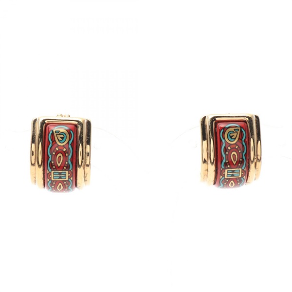 HERMES Emaille Earring Gold Plated Cloisonne Silver Red Multicolor Used women