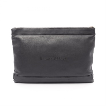 BALENCIAGA Navy Clip M Zip Business Clutch Bag 373834 Leather Black Used Unisex