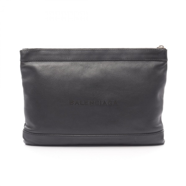 BALENCIAGA Navy Clip M Zip Business Clutch Bag 373834 Leather Black Used Unisex