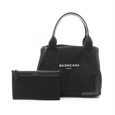 BALENCIAGA NAVY CABAS Small Tote Hand Bag 339933 Canvas Leather Black Used Women