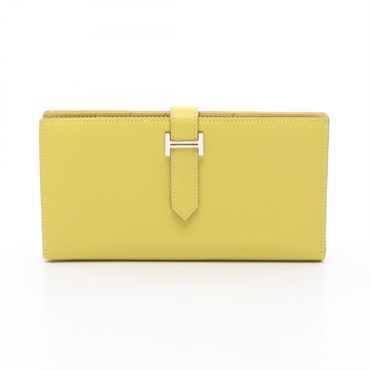 HERMES Bearn Soufflet Bifold purse wallet X Chevre Lime Used SHW