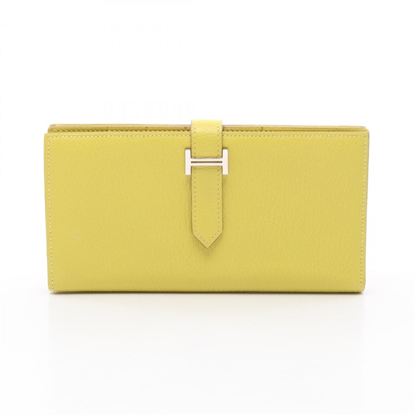 HERMES Bearn Soufflet Bifold purse wallet X Chevre Lime Used SHW