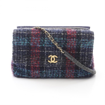 CHANEL W flap tweed chain crossbody Shoulder Bag leather Fabric Navy Red Used